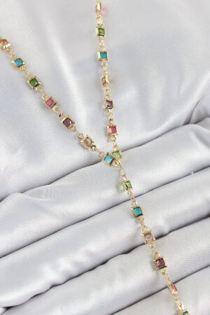 Pirinç Asorti Kare Model Gold Renk Zirkon Taşlı Y Kolye