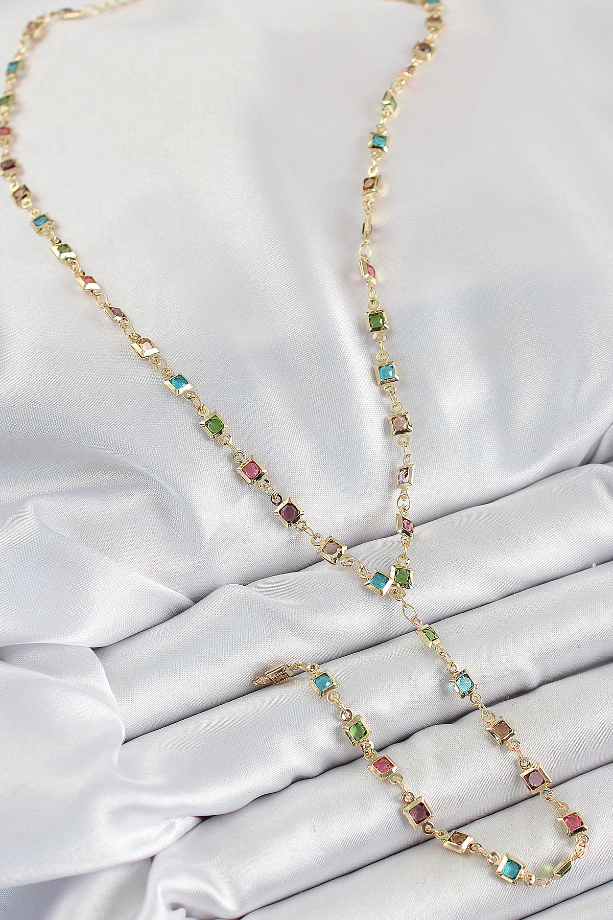 Pirinç Asorti Kare Model Gold Renk Zirkon Taşlı Y Kolye - Görsel 2