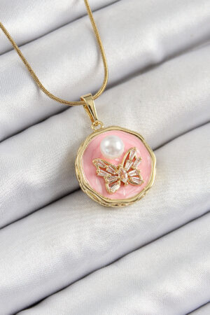 316L Çelik Zincir Zirkon Taşlı Pembe Sanatsal Portre İnci Detaylı Kelebek Model Gold Renk Kadın Kolye