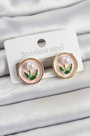 Pirinç Pembe Mineli Lale Figürlü Sanatsal Portre Model Gold Renk Kadın Küpe