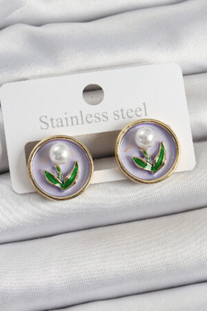 Pirinç Mor Mineli Lale Figürlü Sanatsal Portre Model Gold Renk Kadın Küpe