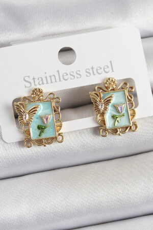 Pirinç Yeşil Mineli Sanatsal Portre Model Gold Renk Kadın Küpe