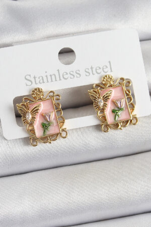 Pirinç Pembe Mineli Sanatsal Portre Model Gold Renk Kadın Küpe