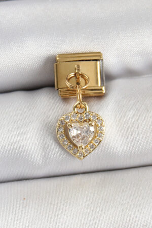 316L Çelik Sallantılı Zirkon Taşlı Kalp Model Gold Renk Nomination Charm