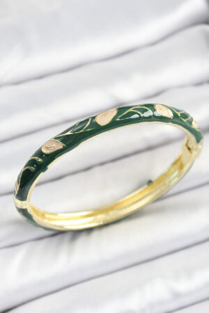 Mineli Pirinç Gold Renk Yeşil Çiçek Motifli Kadın Kelepçe