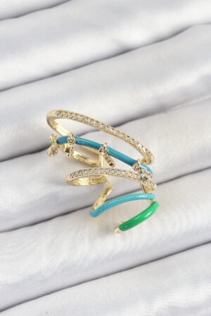 Pirinç Zirkon Taşlı Mavi Yeşil Sıkıştırma Sağ Kıkırdak Gold Renk Kadın Küpe