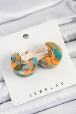 Pirinç Mermer Desenli Vintage Yarım Halka Model Gold Renk Kadın Küpe