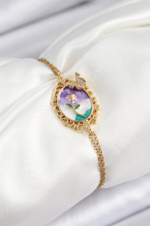 316L Çelik Zincir Mineli Sanatsal Portre Zirkon Taşlı Kelebek Detaylı Çiçek Model Gold Renk Kadın Bileklik