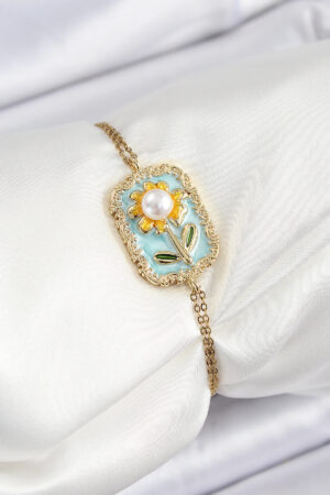 316L Çelik Zincir Turkuaz Mineli Sanatsal Portre İnci Detaylı Papatya Model Gold Renk Kadın Bileklik
