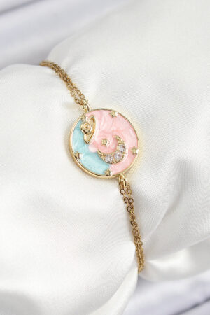 316L Çelik Zincir Mineli Sanatsal Portre Zirkon Taşlı Gezegen Model Gold Renk Kadın Bileklik