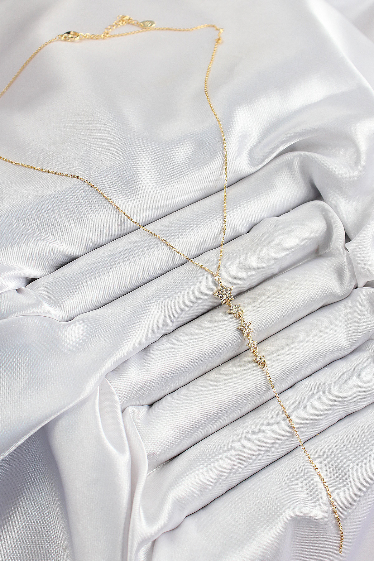 Pirinç Zirkon Taşlı Sıralı Yıldız Figürlü Y Model Gold Renk Kadın Kolye - Görsel 2