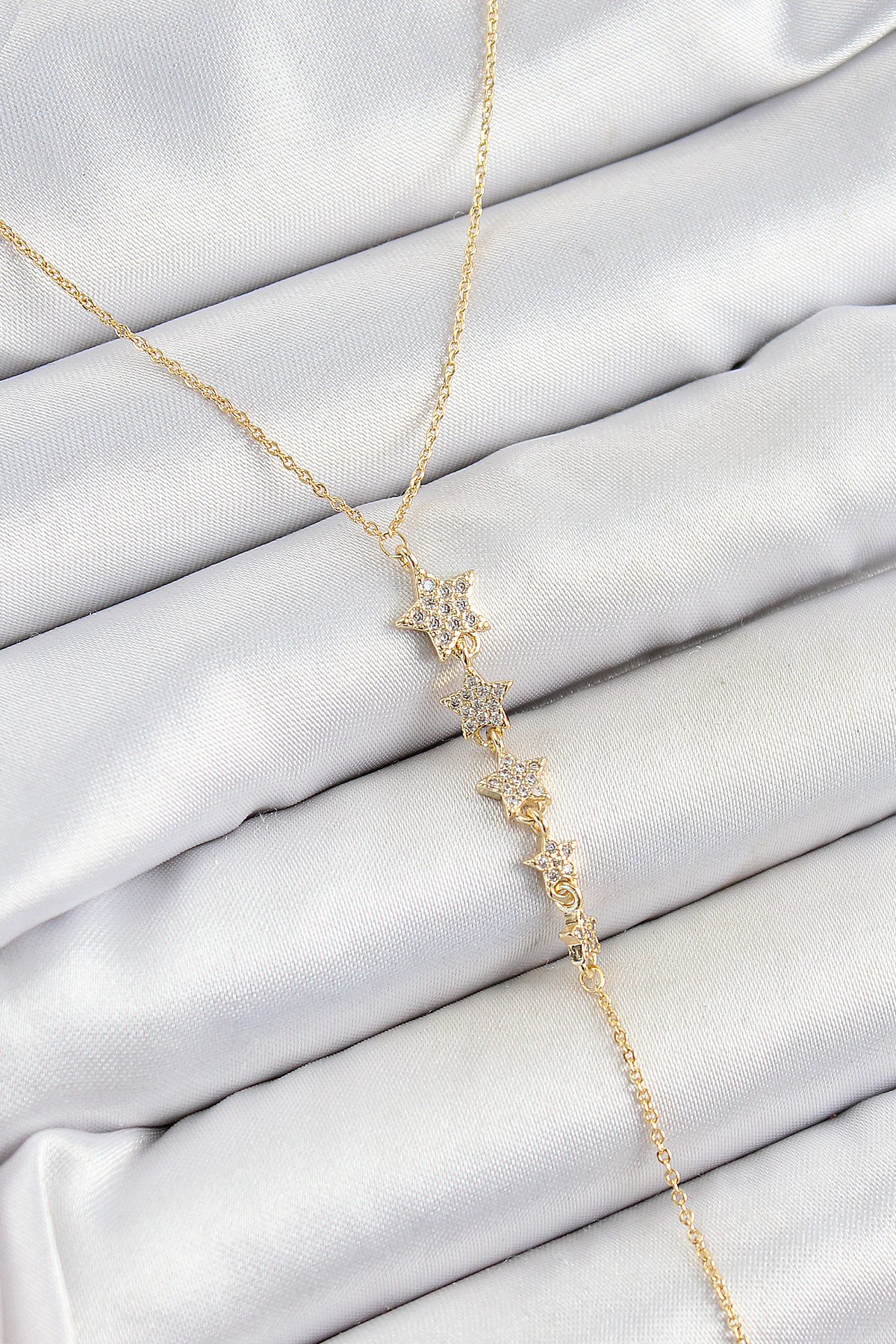 Pirinç Zirkon Taşlı Sıralı Yıldız Figürlü Y Model Gold Renk Kadın Kolye