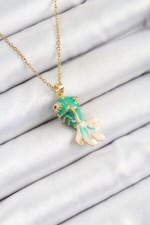 316L Çelik Zincir Yeşil Balık Model Gold Renk Kadın Kolye