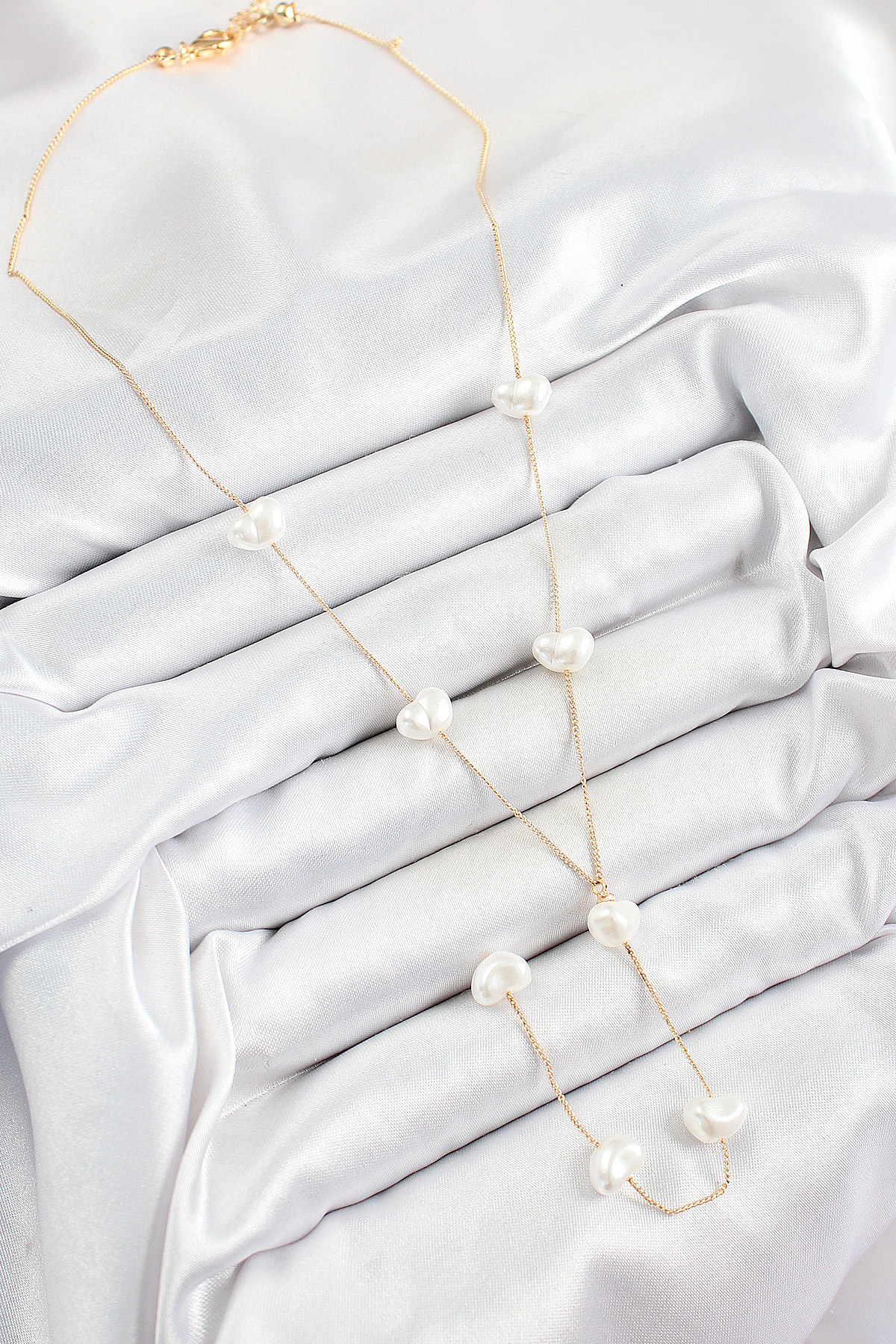 Pirinç İncili Kalp Figürlü Y Model Gold Renk Kadın Kolye - Görsel 2