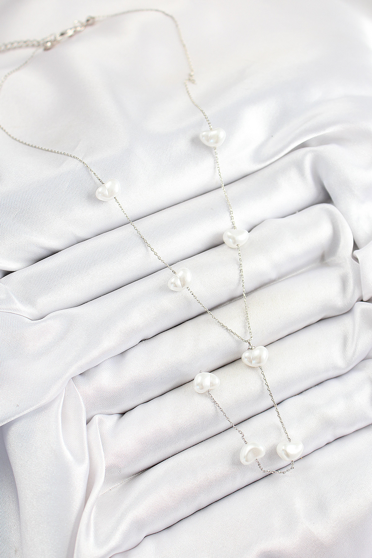 Pirinç İncili Kalp Figürlü Y Model Gümüş Renk Kadın Kolye - Görsel 2