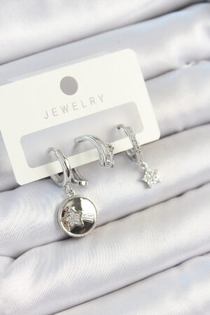 Pirinç Zirkon Taşlı Sallantılı Yıldız Model Gümüş Renk 3'lü Çift Kadın Küpe Set