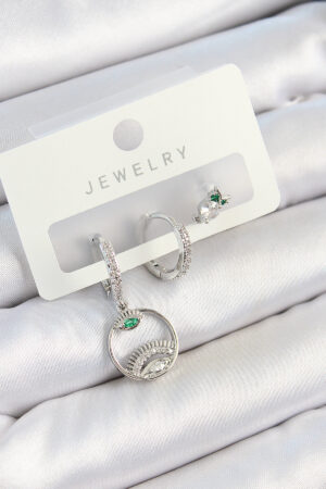 Pirinç Zirkon Taşlı Göz Ve Baykuş Model Gümüş Renk 3'lü Çift Kadın Küpe Set