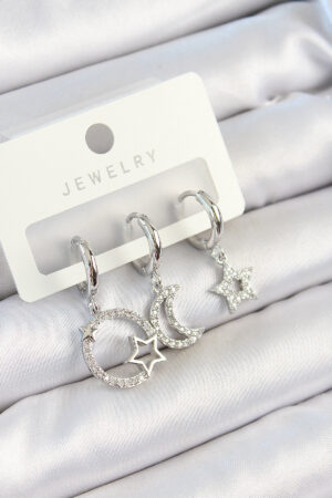 Pirinç Zirkon Taşlı Ay Ve Yıldız Model Gümüş Renk 3'lü Çift Kadın Küpe Set