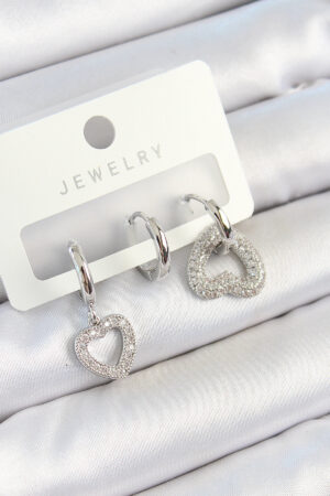 Pirinç Zirkon Taşlı Kalp Model Gümüş Renk 3'lü Çift Kadın Küpe Set