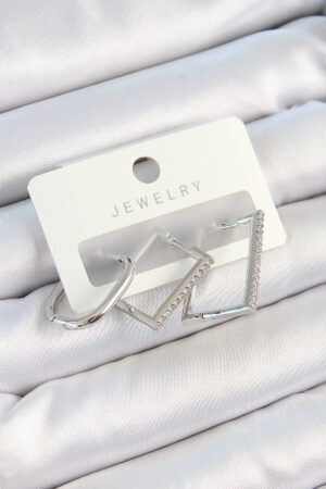 Pirinç Zirkon Taşlı Dikdörtgen Model Gümüş Renk 3'lü Çift Kadın Küpe Set