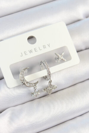 Pirinç Zirkon Taşlı Çiçek Ve Ay Model Gümüş Renk 3'lü Çift Kadın Küpe Set