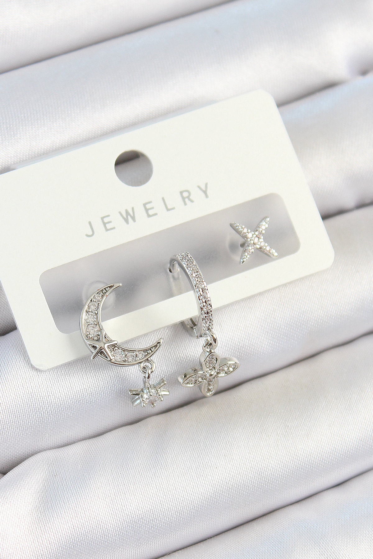 Pirinç Zirkon Taşlı Çiçek Ve Ay Model Gümüş Renk 3'lü Çift Kadın Küpe Set