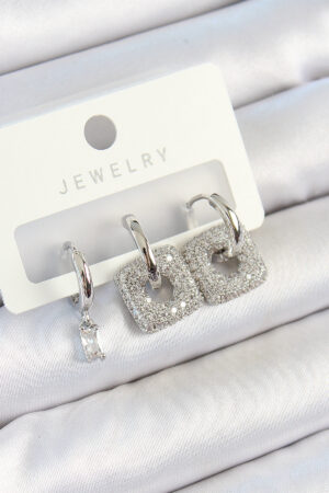 Pirinç Zirkon Taşlı Kare Model Gümüş Renk 3'lü Çift Kadın Küpe Set