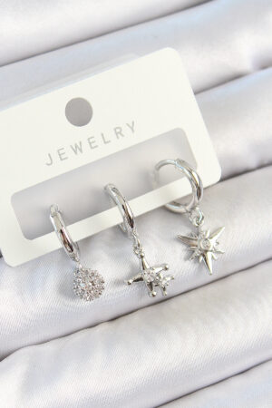 Pirinç Zirkon Taşlı Kutup Yıldızı Model Gümüş Renk 3'lü Çift Kadın Küpe Set