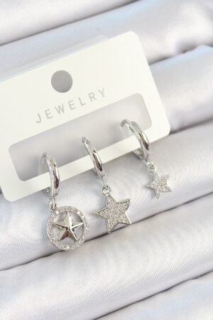 Pirinç Zirkon Taşlı Yıldız Model Gümüş Renk 3'lü Çift Kadın Küpe Set