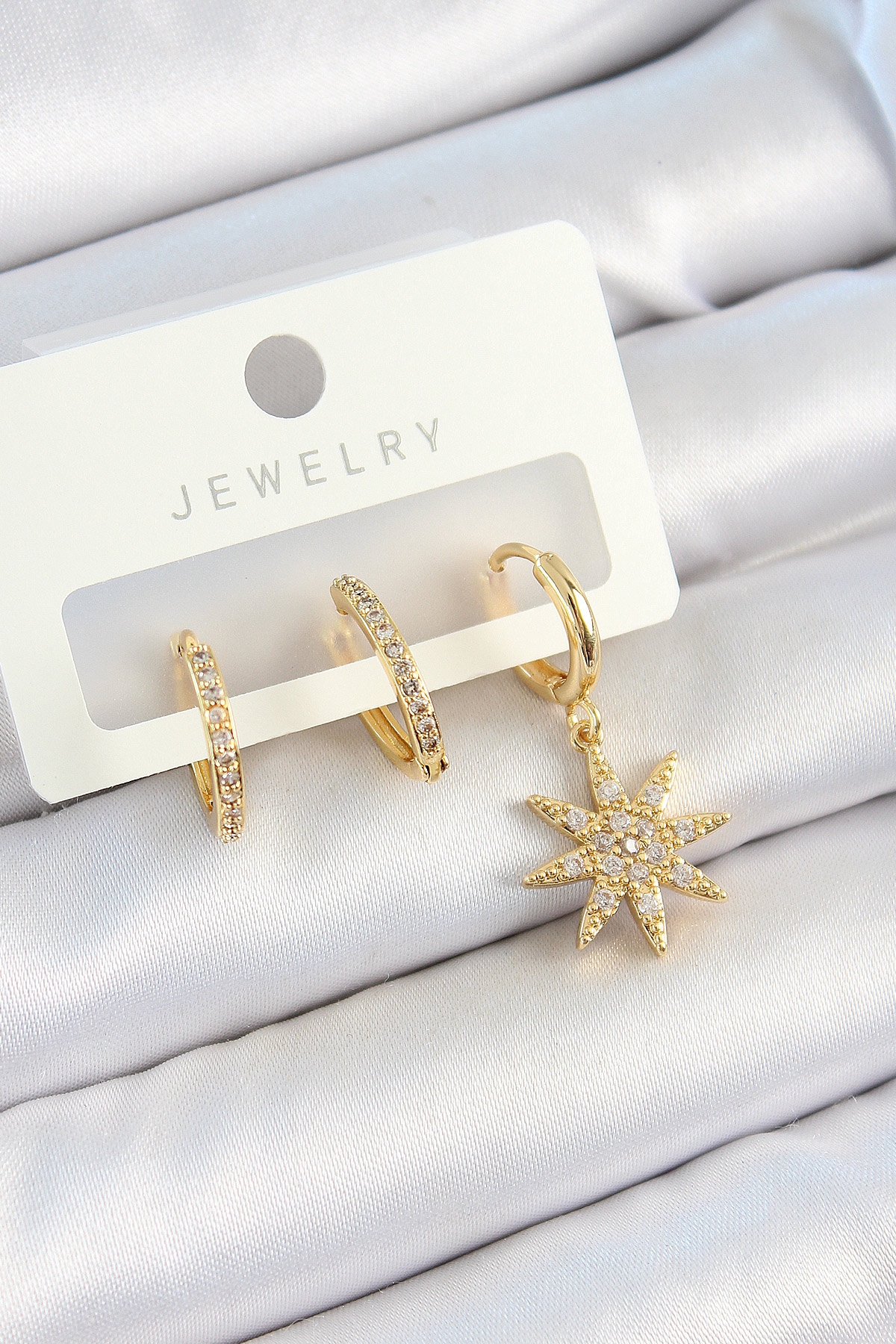 Pirinç Zirkon Taşlı Kutup Yıldızı Model Gold Renk 3'lü Çift Kadın Küpe Set