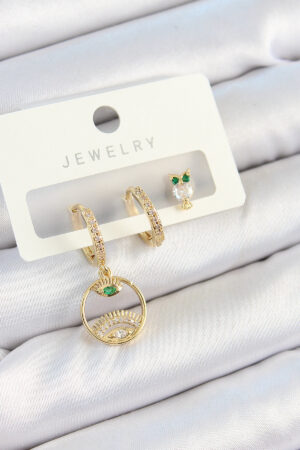 Pirinç Zirkon Taşlı Göz Ve Baykuş Model Gold Renk 3'lü Çift Kadın Küpe Set