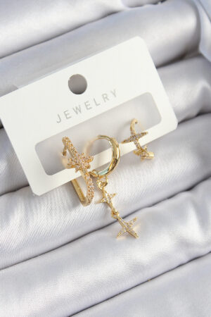 Pirinç Zirkon Taşlı Yıldız Model Gold Renk 3'lü Çift Kadın Küpe Set