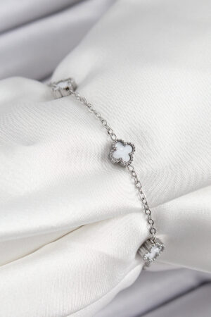 316L Çelik Beyaz Sedef Yonca Model Gümüş Renk Kadın Bileklik