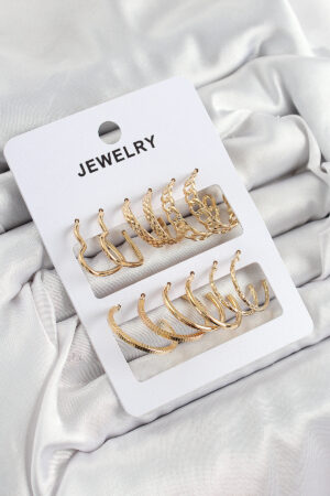 Pirinç Karışık Halka Model Gold Renk 6 Çift Kadın Küpe Set