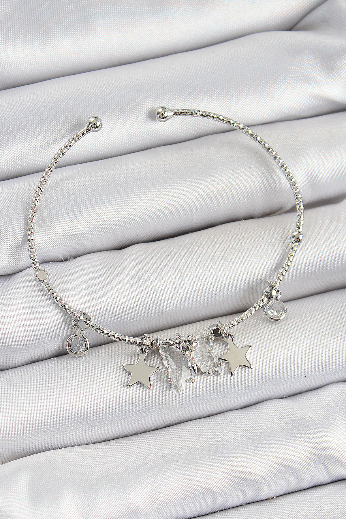 Pirinç Zirkon Taşlı Kelebek Ve Yıldız Model Gümüş Renk Charm Bileklik