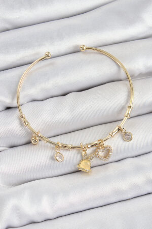 Pirinç Zirkon Taşlı Tavşan Ve Kalp Model Gold Renk Charm Bileklik