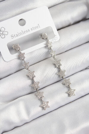 Pirinç Zirkon Taşlı Sallantılı Yıldız Model Gümüş Renk Kadın Küpe