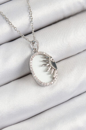 316L Çelik Zirkon Taşlı Yarım Güneş Model Gümüş Renk Kadın Kolye