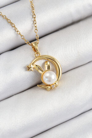 316L Çelik İnci Detaylı Hilal Tavşan Model Gold Renk Kadın Kolye
