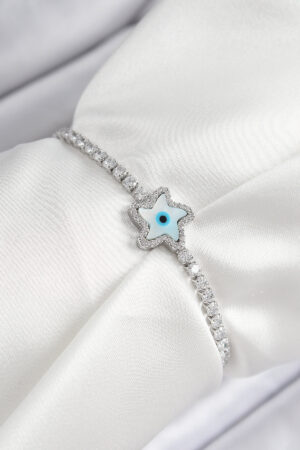 Pirinç Zirkon Taşlı Nazar Yıldız Model Gümüş Renk Asansörlü Kadın Bileklik