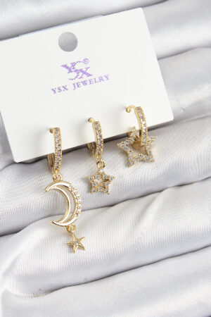 Pirinç Zİrkon Taşlı Ay Ve Hilal Model Gold Renk 3'lü Kadın Küpe