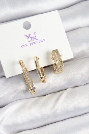 Pirinç Zİrkon Taşlı Yıldız Model Gold Renk 3'lü Kadın Küpe