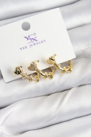 Pirinç Zİrkon Taşlı Kalp Model Gold Renk 3'lü Kadın Küpe