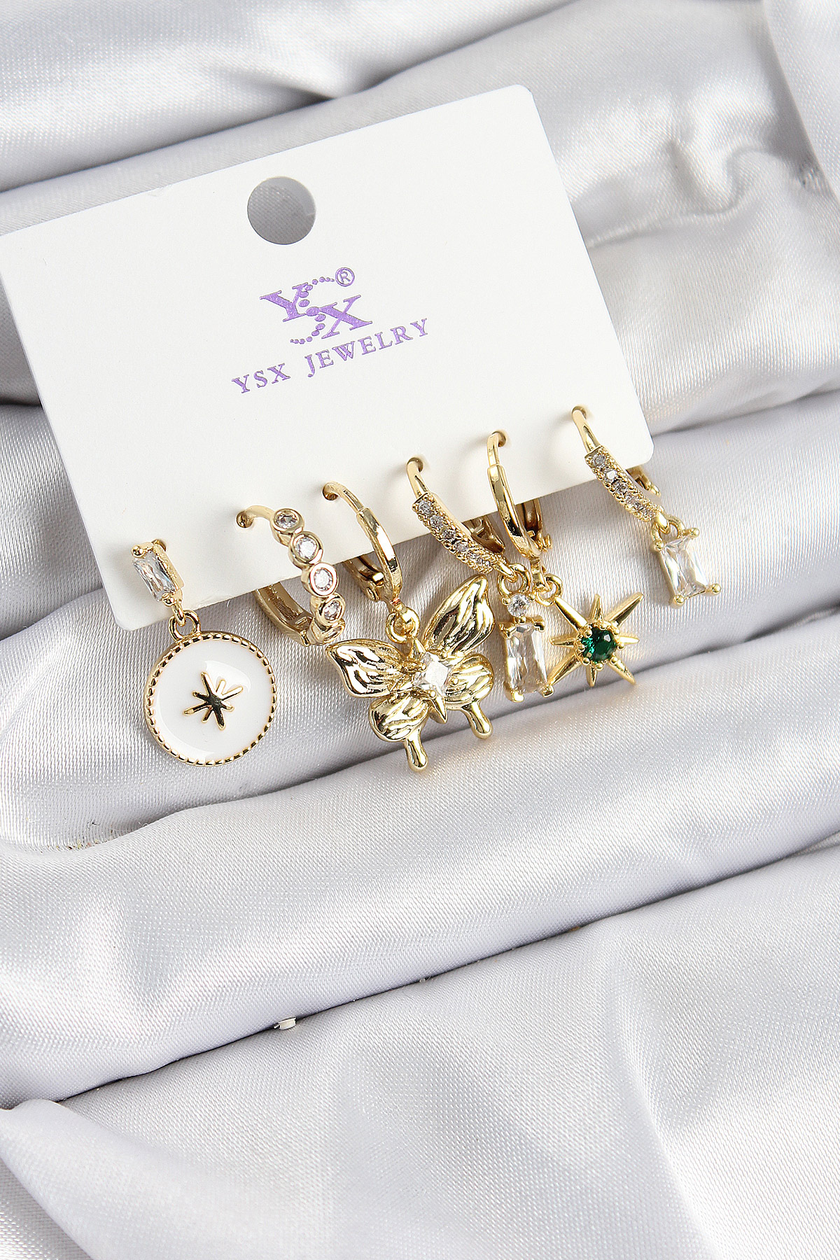 Pirinç Zİrkon Taşlı Kelebek ve Yıldız Model Gold Renk 3'lü Çift Kadın Küpe