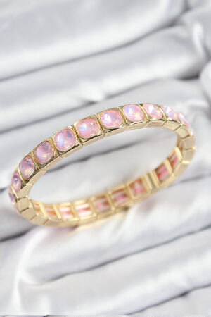Pirinç Pembe Zirkon Taşlı Kare Model Gold Renk Lastikli Kadın Bileklik