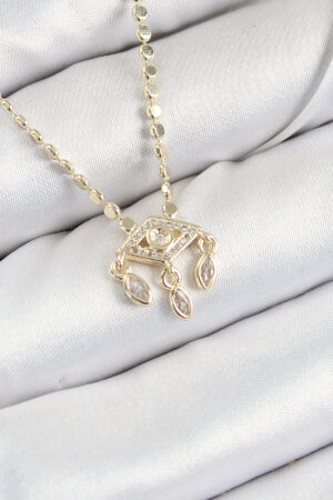 Pirinç Zirkon Taşlı Sallantılı Göz Model Ezme Zincir Gold Renk Kadın Kolye