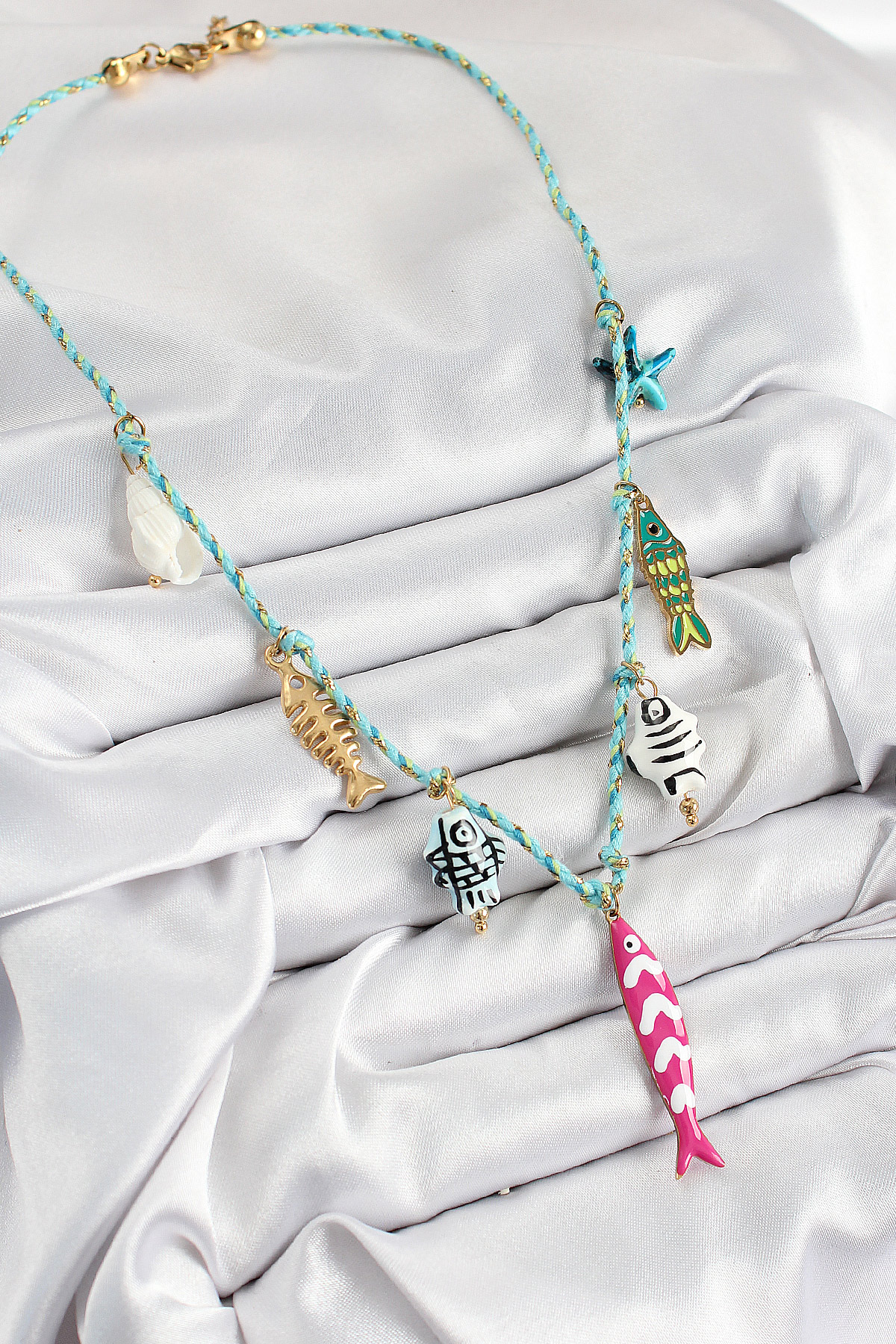 Seramik Motifli Pembe Balık Figürlü Model Mavi İp Kadın Kolye - Görsel 2