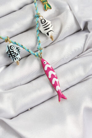 Seramik Motifli Pembe Balık Figürlü Model Mavi İp Kadın Kolye