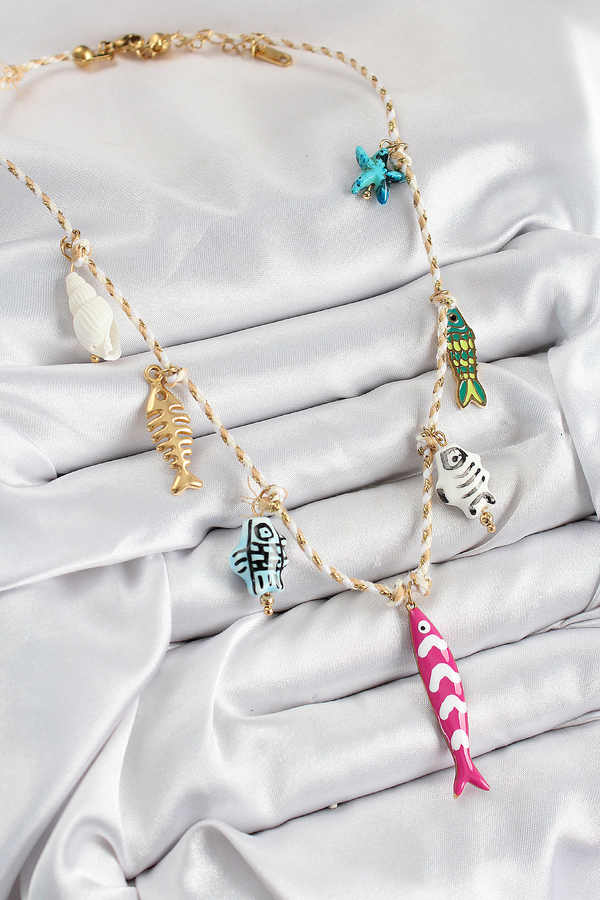 Seramik Motifli Pembe Balık Figürlü Model Krem İp Kadın Kolye - Görsel 2
