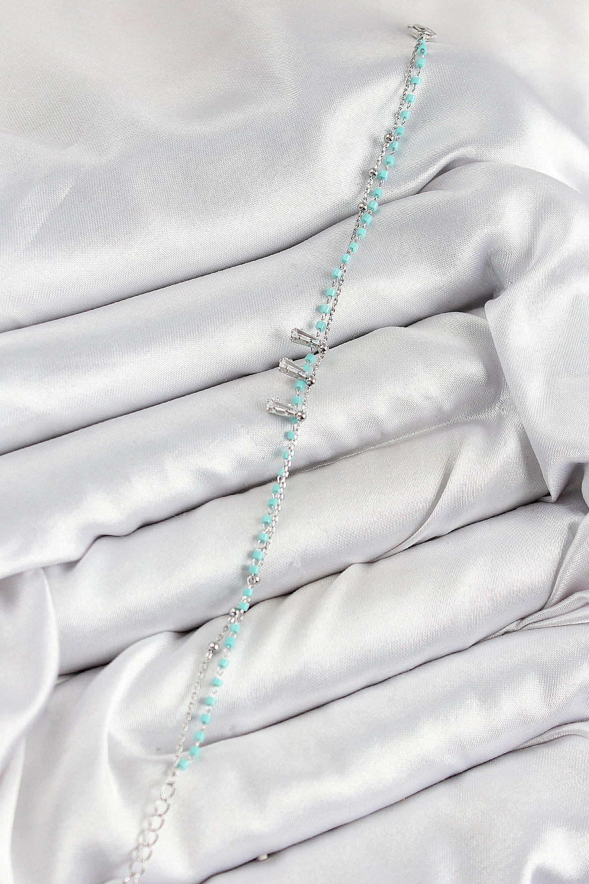 Pirinç Zirkon Taşlı Mavi Boncuklu Model Gümüş Renk Kadın Bileklik - Görsel 2